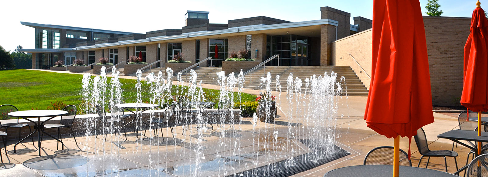 Exterior shot of fountains and Donius