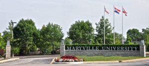 Entrance to Maryville University with flags and sign